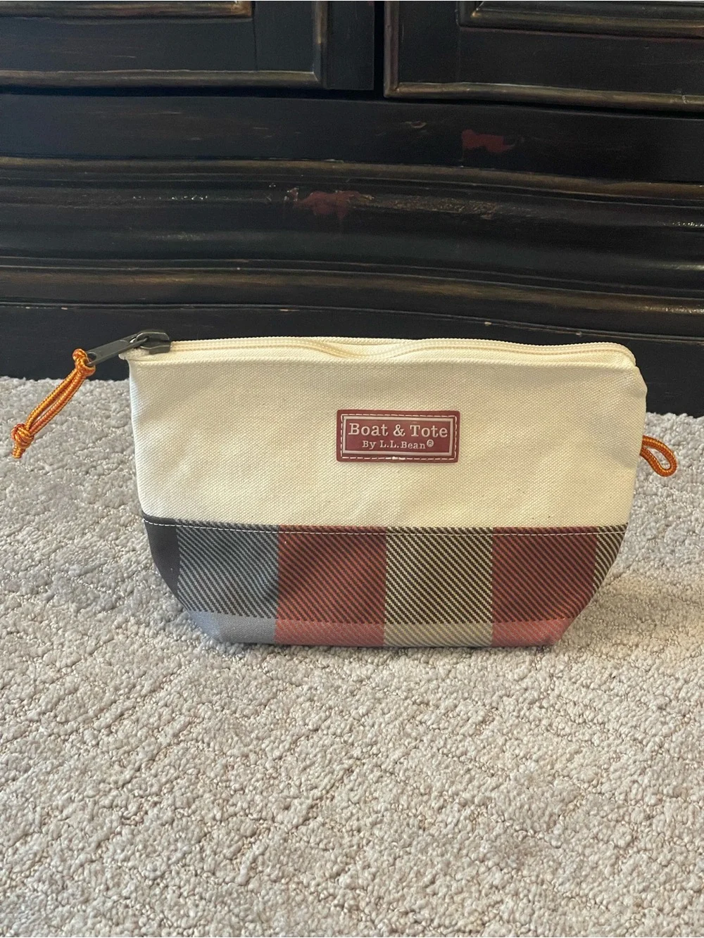 L.L. Bean Boat & Tote Canvas Travel Pouch - Cream & Red Plaid, 5”x10”